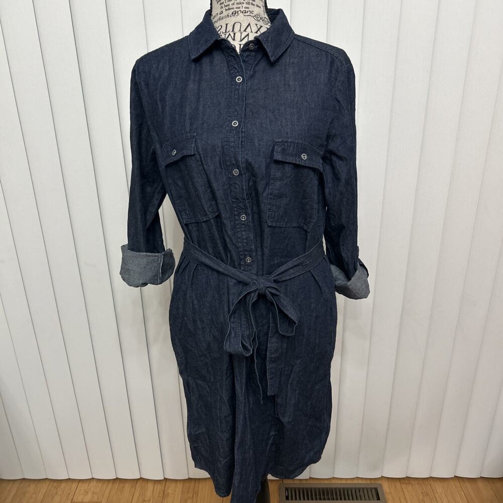 LOFT Cotton Silk Denim Shirt Dress Belted Utility Midi Casual Luxe Capsule Sz M - Picture 2 of 7